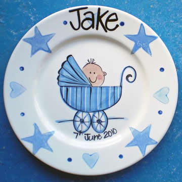 Handpainted Personalised Plate - Pram Baby Boy