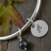 Handstamped Personalised Bracelet - Eternity Bangle with dark pearl
