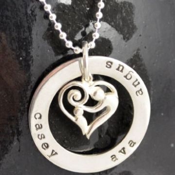 .Personalised Handstamped or Precision Stamped Silver Necklace - Charm Range - Large Circle with mother and child heart