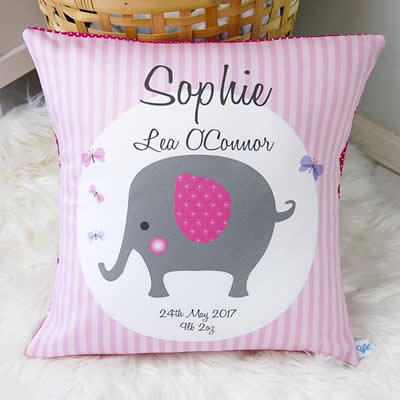 Personalised Birth Cushion for New Baby Girl - Elephant