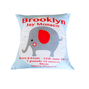Personalised Birth Cushion for New Baby Boy - Elephant