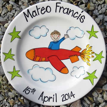 Handpainted Personalised Plate - In a plane
