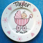 Handpainted Personalised Plate - Pram Baby Girl
