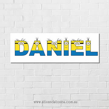 .Minions Personalised name plaque canvas for kids boys wall art - Long Rectangular White Background