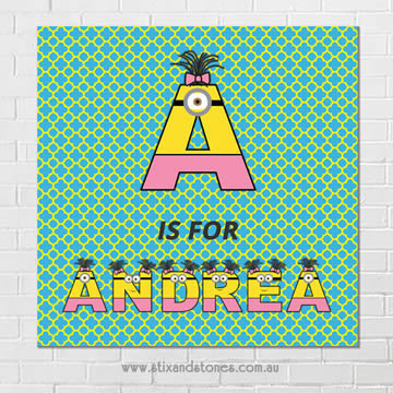Minions Personalised Name Plaque canvas for kids wall art - Square with background - Girls