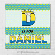 Minions Personalised Name Plaque canvas for kids wall art - Square with background - Boys