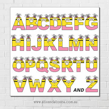 Minions Alphabet canvas for kids wall art - Square white background - Girls