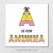 Minions Personalised Name Plaque canvas for kids wall art - Square white background - Girls
