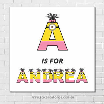 Minions Personalised Name Plaque canvas for kids wall art - Square white background - Girls