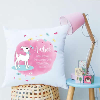 Personalised Birth Cushion for New Baby Girl - Baby Lamb