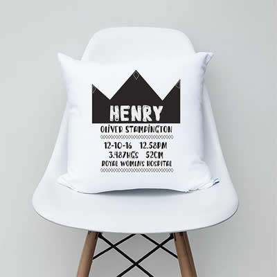 Personalised Birth Cushion for New Baby - Baby Boy - Crown Monochrome
