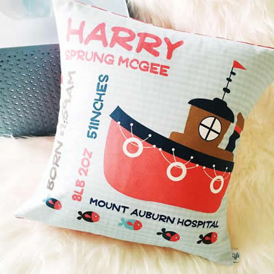 Personalised Birth Cushion for New Baby Boy - Tug Boat